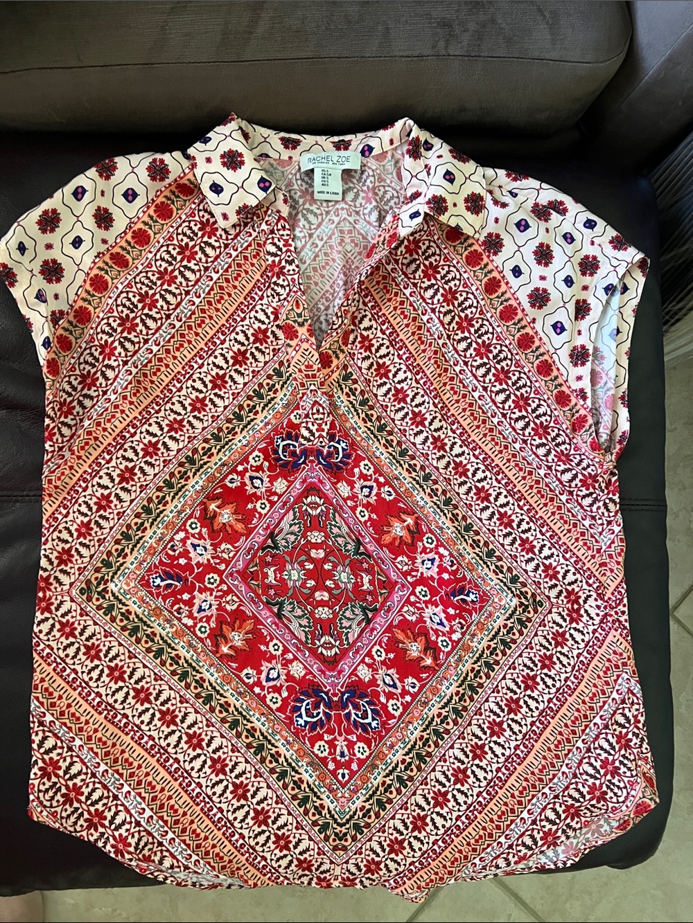 Rachel Zoe Red and Cream Print Sleeveless Top